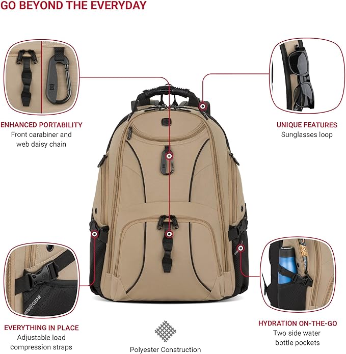 SwissGear 1900 ScanSmart 17” Laptop Backpack Brown– Reflective Tech Backpack with ScanSmart Compartment – Multiple Organizer Pockets & RFID Scan Blocking Technology