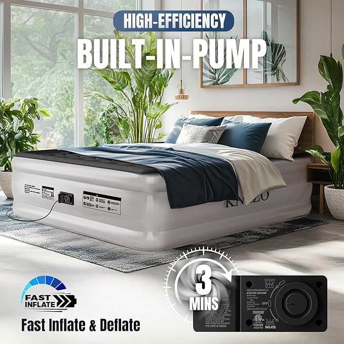 King Air Mattress with Built-in Pump, 18" Top Inflatable Mattress with Waterproof Flocking Fabric, Three-Minute Quick-Inflatable Bed. Portable Blow Up Mattress for Home, Outdoor and Guests