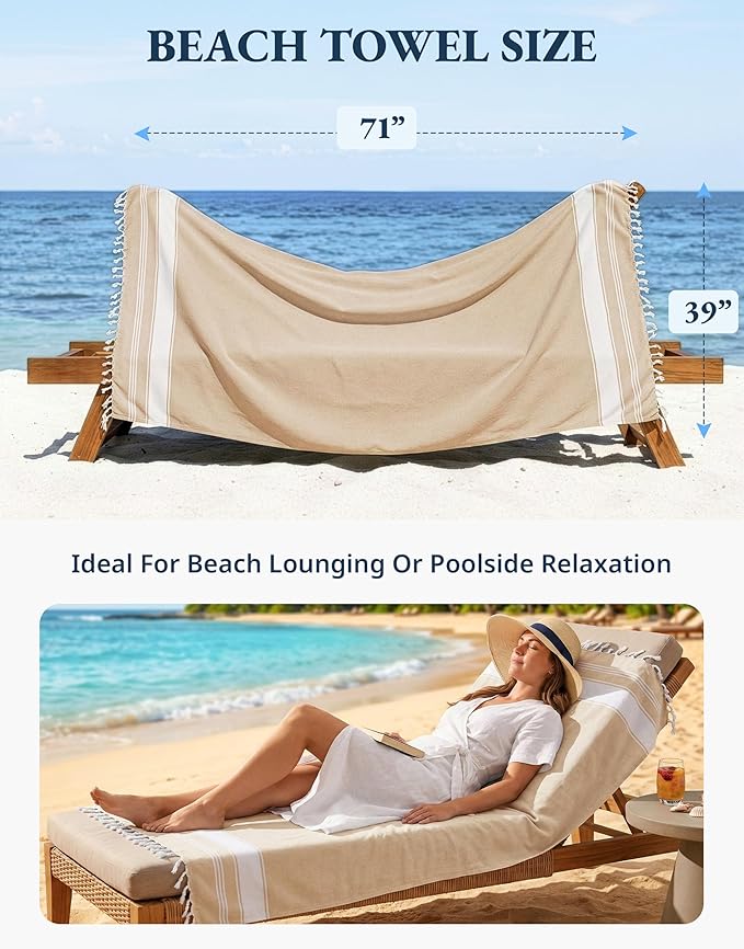 LANE LINEN Beach Towel 4 Pack, Oversized Beach Towels for Adults, Lightweight Travel Beach Towels, Pre-Washed for Soft Hand Feel, Quick Dry Beach Towels, 39"x71" - Beige
