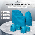 8 Piece Compression Packing Cubes Set - Double Capacity Design for Travel - Small, Medium & Large Sizes - Carry-On Suitcase Organizer Bags (Turquoise)