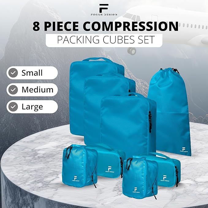 8 Piece Compression Packing Cubes Set - Double Capacity Design for Travel - Small, Medium & Large Sizes - Carry-On Suitcase Organizer Bags (Turquoise)
