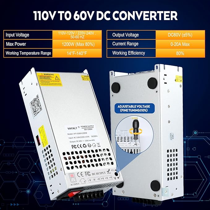VAYALT 60V 20A 1200W DC Switching Power Supply, Universal Regulated Switching AC 110V/220V to DC 60V Transformer, 60V Power Supply for Industrial, CCTV, Computer Project, 3D Printer, LED Strip Light