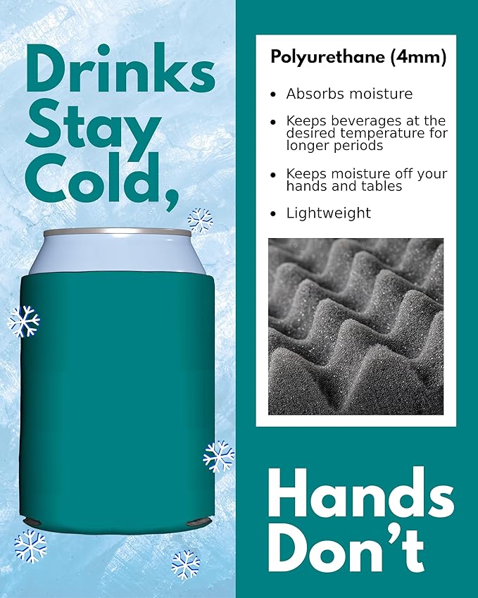PartyPrints 25 Pack Teal Blank Can Cooler Sleeves, Customizable Bulk Insulated Foam for Beer, Collapsible Plain Drink Holder, Cold Soda Insulator, 12oz Regular, 16oz Tall Cans