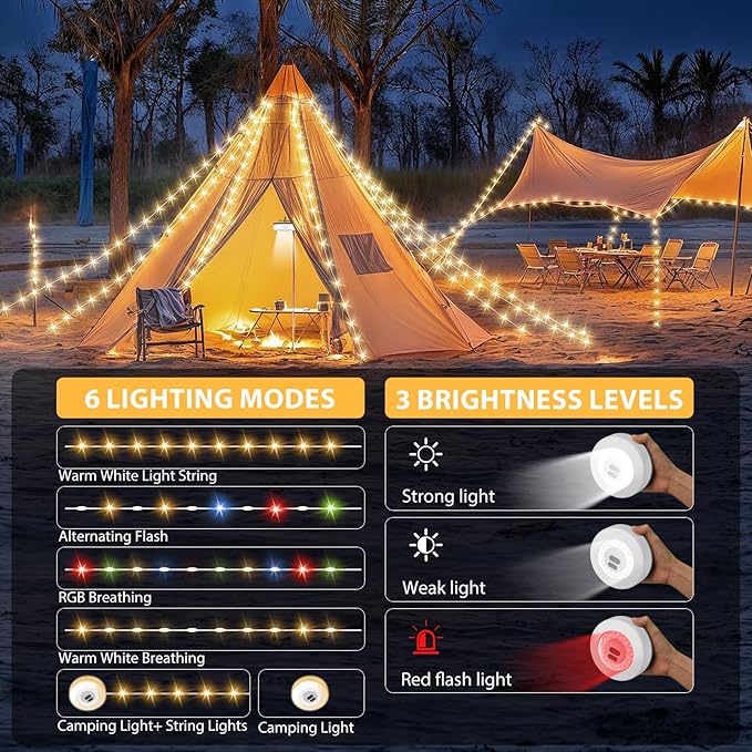 2Pack Camping String Lights, 4 in 1 Quick Storage 32.8FT Rechargeable Tent Lights with 9 Modes Hanging Waterproof Camp Lamp Camping Essentials for AwnTent Hiking Garden Bedroom Festival(Warm +RGB)