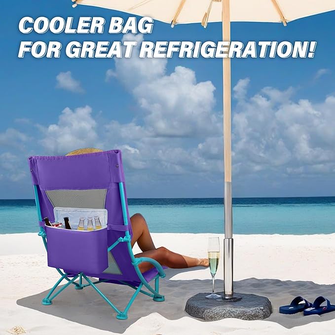 Beach Chairs for Adults 2 Pack,Heavy Duty Folding High Back Camping Chairs w/Cooler Bag,Mesh Back,Cup Holder & Storage Bag,Compact Sling Chair for Lawn,Picnic,Travel,Purple