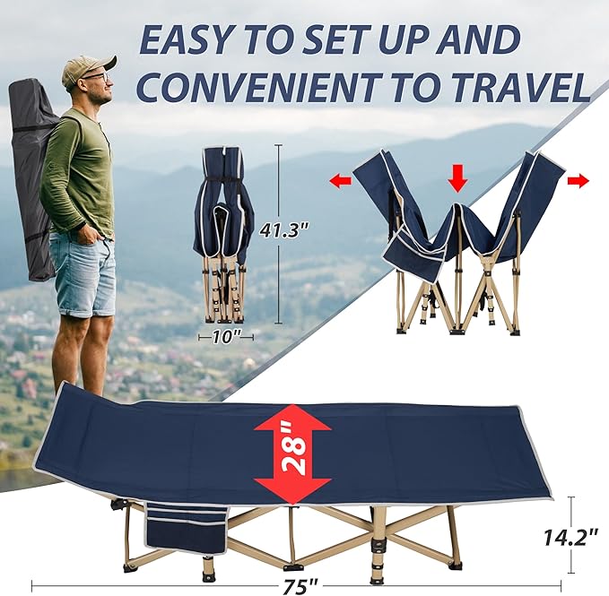 Folding Camping Cot for Sleeping, Portable Cots for Adults, Heavy Duty Cot Bed 550LBS(Max Load), Extra Wider Cots with Large Pocket for Outdoor, Office, Beach