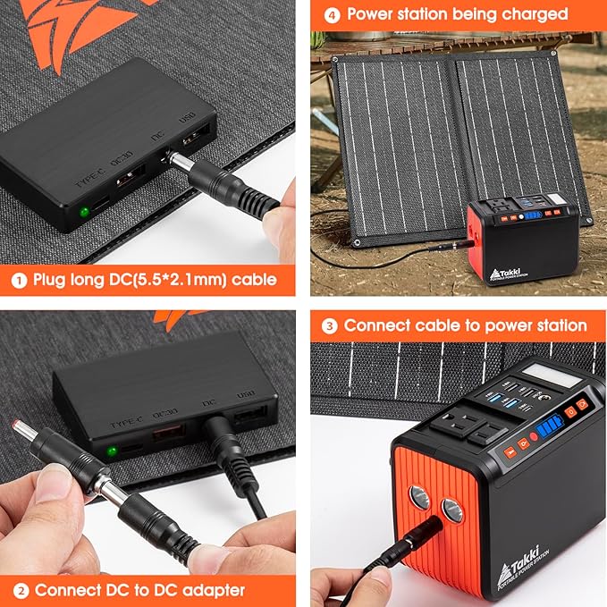 Takki 111Wh Portable Solar Generator Power Station with 21W Foldable Solar Panel, 120W Peak Solar Charger Power Bank with 110V AC DC USB Ports for Camping Emergency Outdoor Home Use