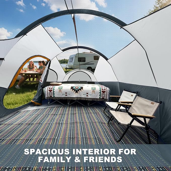 CAMPROS CP Tent 8 Person Camping Tents, Weather Resistant Family Tent, 5 Large Mesh Windows, Double Layer, Divided Curtain for Separated Room, Portable with Carry Bag