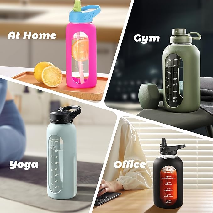 CIVAGO 32 oz Glass Water Bottle with Straw and Handle, Large Sports Motivational Water Bottle Flask with Time Marker and 2 Lids, Leakproof Water Jug Canteen with Silicone Sleeve for Gym, Wave Blue