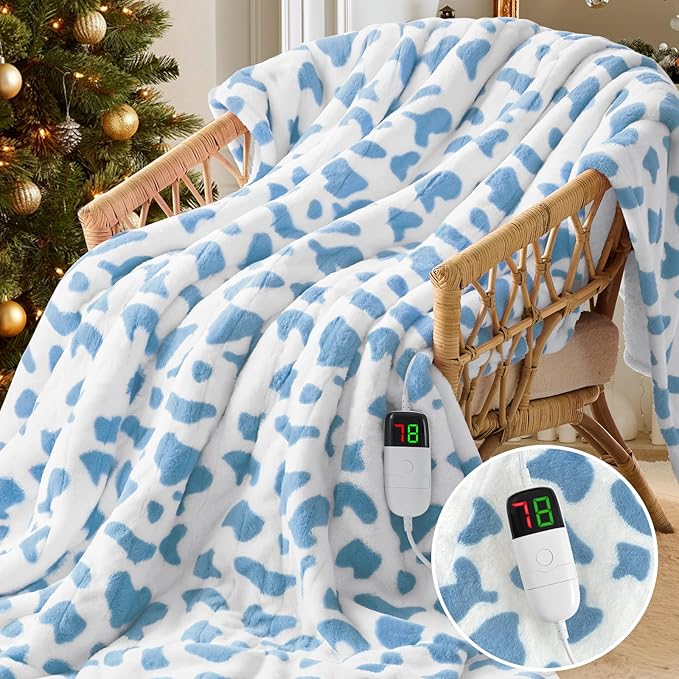 Cow Print Heated Electric Blanket Throw,50X60 Blue Heating Blanket with 10 Heats Levels & 8 Hours Auto Off,Cute Cow Decor Stuff Soft Fleece Sherpa Blankets Warmer Gifts for Women Washable,ETL