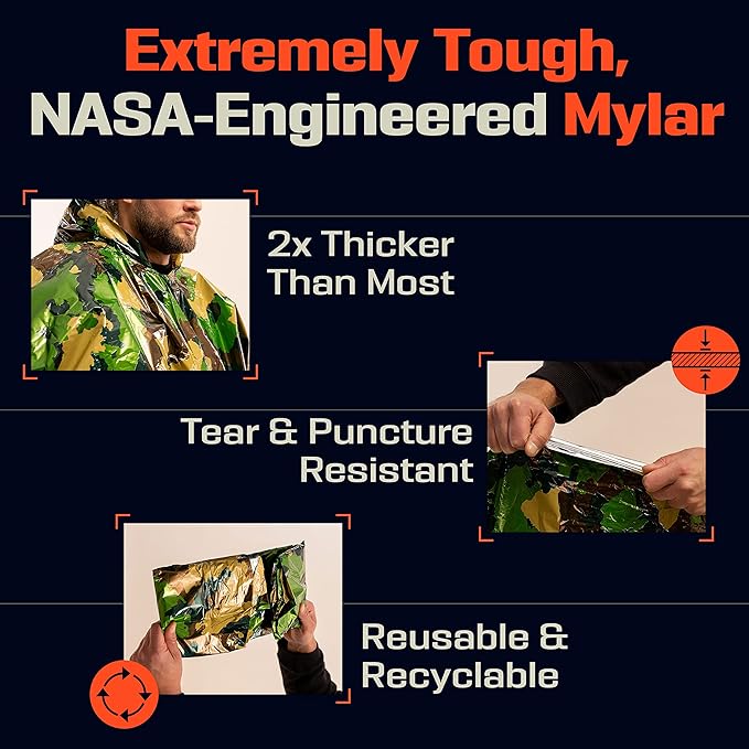 PREPARED4X Emergency Poncho and Mylar Blanket Liner - Waterproof, Wind-Resistant Outdoor Rain Poncho for Camping, Emergencies