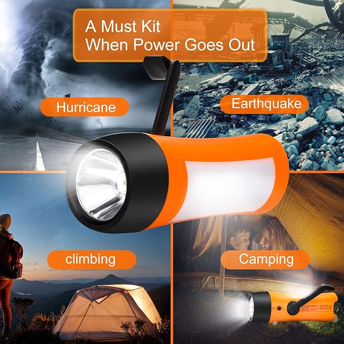 Rechargeable Hand Crank Flashlight/Generator/USB Charger for Phone and Emergency Survival Situations (Orange)