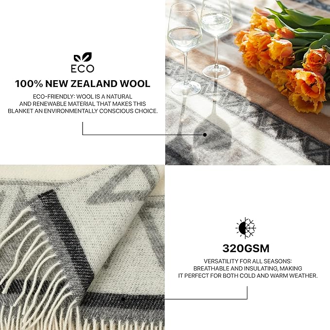 Cozy Wool Blanket | 100% Virgin Wool from New Zealand | Perfect Throw/Sofa Blanket with Fringes in Stripes Design (140 x 200 cm)