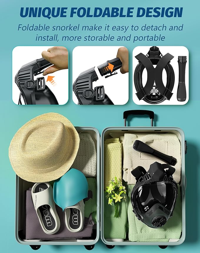 Full Face Snorkel Mask- Snorkeling Gear for Adults with Safe Dry Top Breathing System, Latest Foldable Panoramic View Snorkeling Mask for Men and Women, Anti Fog Anti Leak