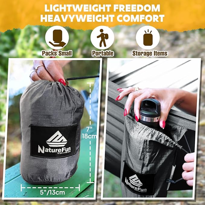 NATUREFUN Ultra-Light Travel Camping Hammock | 300kg Load Capacity,Breathable,Quick-Drying | 2 x Premium Carabiners,2 x Nylon Slings Included | Outdoor Indoor Garden