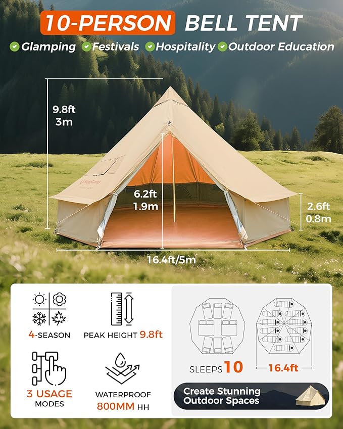 KingCamp Canvas Bell Yurt Tents, 4 Seasons Large Waterproof & Windproof Luxury Glamping Tent w/Stove Jack for Family Outdoor Camping, Hunting, Parties