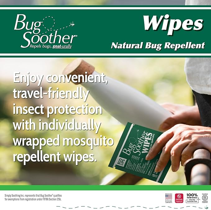 Bug Soother Wipes (100 ct) - Natural Insect, Gnat and Mosquito Repellent & Deterrent - 100% DEET-Free Safe Bug Wipes for Adults, Kids, & Pets - Made in USA