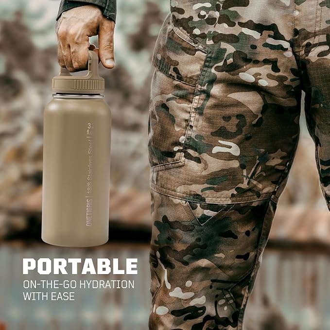 ONETIGRIS 32 oz Insulated Water Bottle with Straw - Tactical Stainless Steel Water Jug, Leakproof Wide Mouth Sport bottle with 3 Lids and Sleeve for Travel, Gym, Camping, Hiking