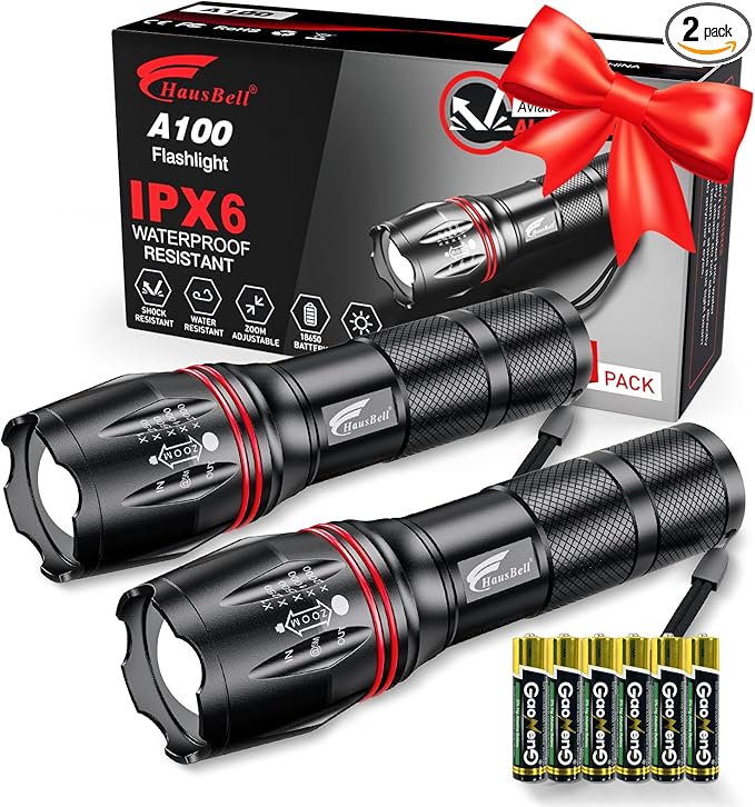 HAUSBELL LED A100 Flashlight Bright, Zoomable Tactical Flashlights Flash Light with High Brightness and Five Modes for Emergency and Outdoor Use Camping Accessories, 2 Pack