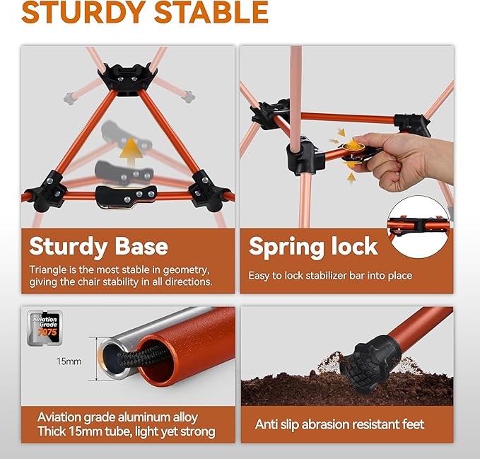 MARCHWAY Lightweight Folding Camping Chair with Spring Lock, Stable Compact Portable for Outdoor Camp, Travel, Beach, Picnic, Festival, Hiking, Backpacking (Lowback Orange)