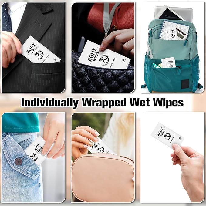 200 Pcs Body Wipes Individually Wrapped Bulk,Body Wipes for Women and Men,Shower Wipe for Adults Bathing No Rinse, Personal Cleansing Wipe for Travel Gym Camping Outdoors Sports
