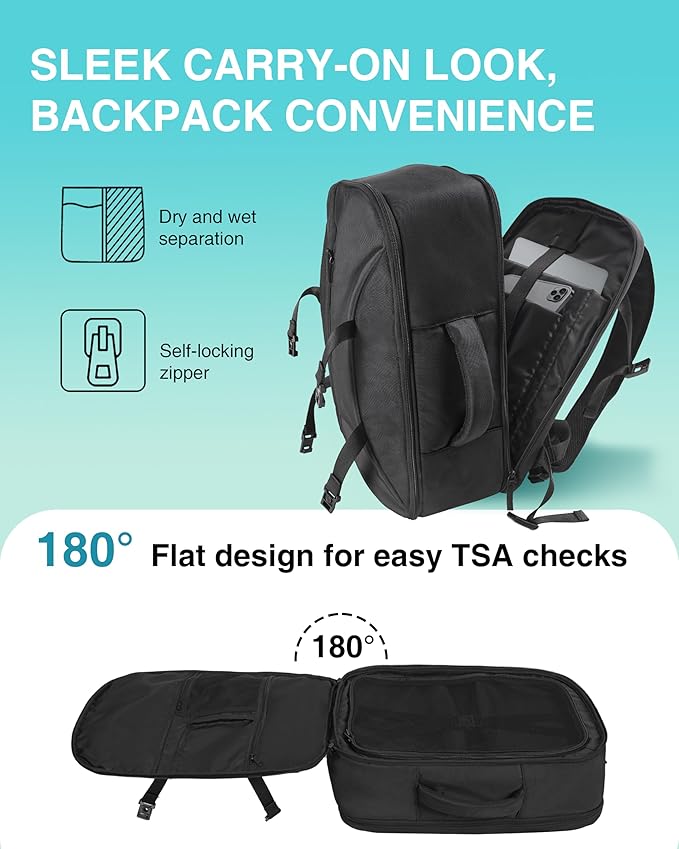 TSA-Friendly Travel Backpack with Laptop Compartment, 30L Carry-On Backpack for Men & Women, 180° Lay-Flat Design, Waterproof & Durable 1000D Oxford, Fits 15.6" Laptop