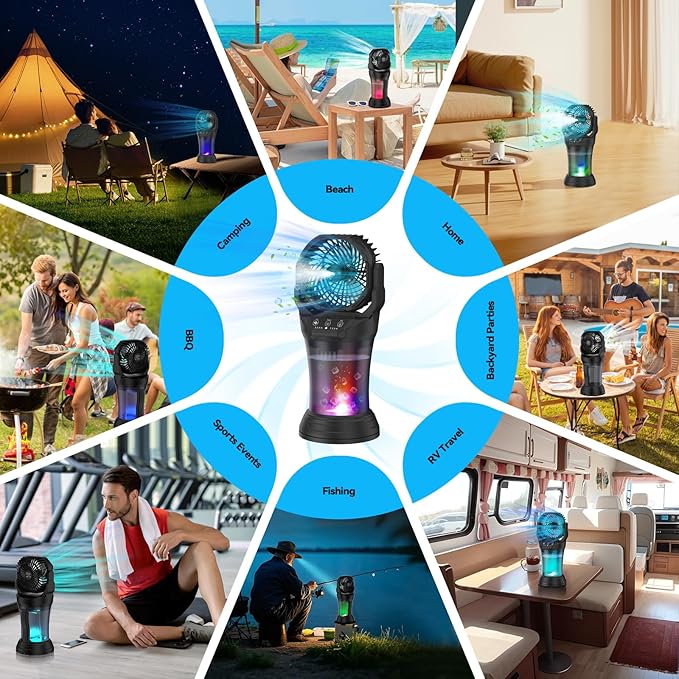 Misting Fan Portable Camping Fan 42800mAh Battery Powered with Remote Control, RGB Ambient Light with 2L Bucket, Battery Indicator, 120° Auto Oscillating, Timing Function, Grip Handle