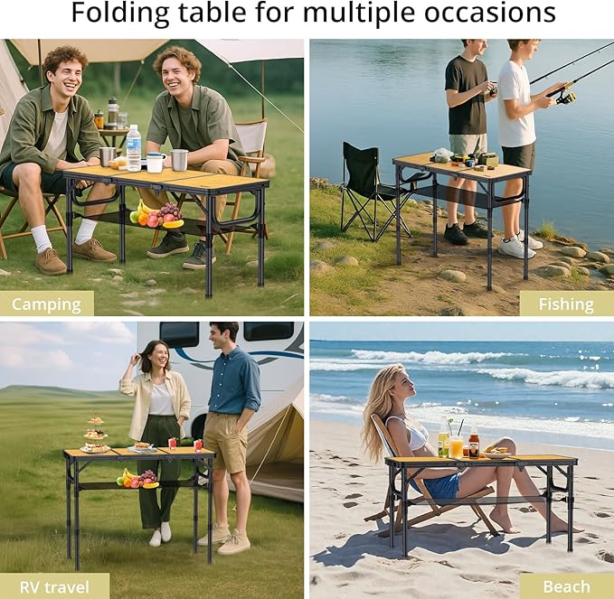 3ft Camping Table Foldable with Storage Net and Bag, 3 Adjustable Heights High 27.5" Aluminum Camping Table, Portable, for Outdoor Indoor Backyard BBQ Cooking Party Picnic Beach, Yellow