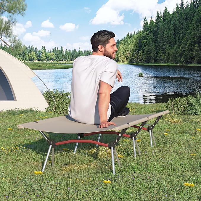 Camping Cot with Leg Extenders,Lightweight Portable Bed for Camping, Hiking, Travel, Beach, Home, Office Nap, Supports 330lbs, Easy Storage, Durable Design, Khaki