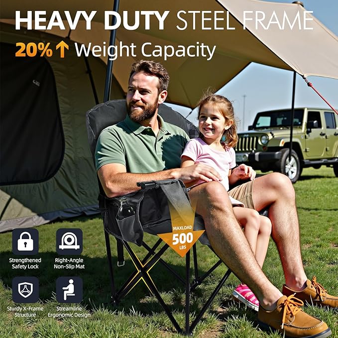 Oversized Camping Chairs for Adults - Heavy Duty Padded Outdoor Folding Lawn XL Camp Chair with Cup Holder Cooler Pockets for Outside Sports Beach Fishing Garden Portable Supports 500lbs, Grey