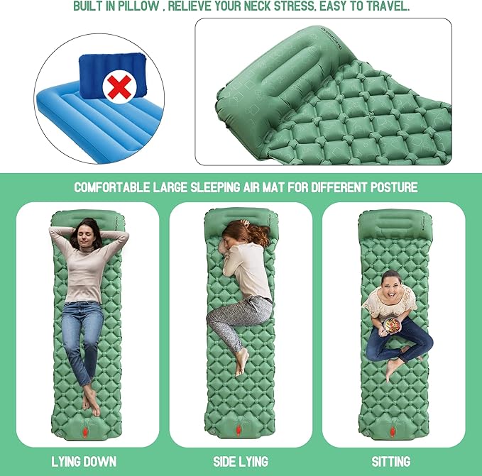 Camping Sleeping Pad, Ultralight Inflatable Mattress with Pillow Built-in Foot Pump for Outdoor Hiking Travel Tent Backpacking Trip Car, Compact Lightweight Camping Mat, Green