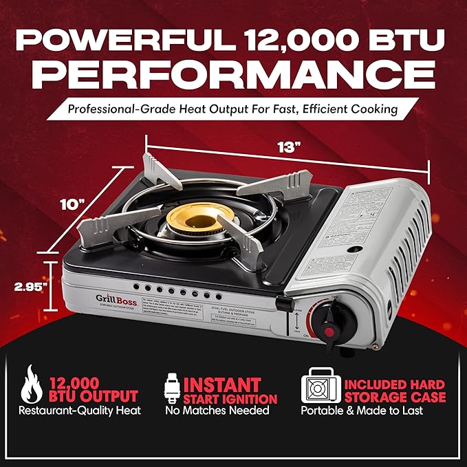 Dual Fuel Portable Stove Combo, Dual Fuel Butane & Propane Stove, 12K BTU Portable Camping Stoves w/ 4 x 8 oz. Butane Tin Canister for Camping, Emergencies & Outdoor Cooking, Grill by Grill Boss 90057
