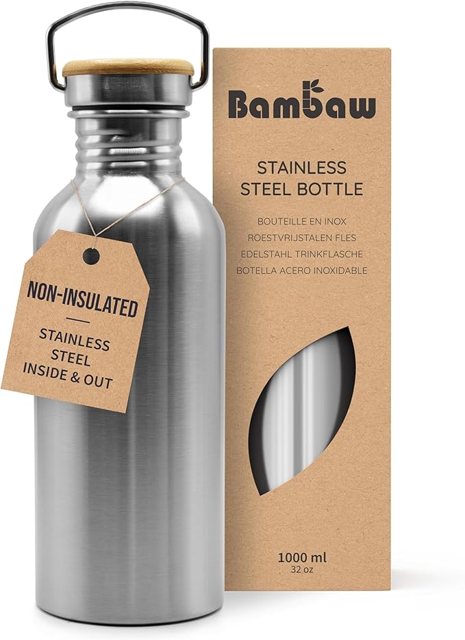 Bambaw Stainless Steel Water Bottles 32 oz, Non-insulated Single Wall Metal Water Bottle Stainless Steel, Reusable & Eco Friendly, Dishwasher Safe – Silver