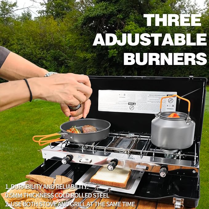 3-Burner Propane Camping Stove - Portable Stove with Adjustable Burners, Wind Guards, Toast Tray, 20,400 BTUs for Camping, Tailgating, BBQ, Picnics