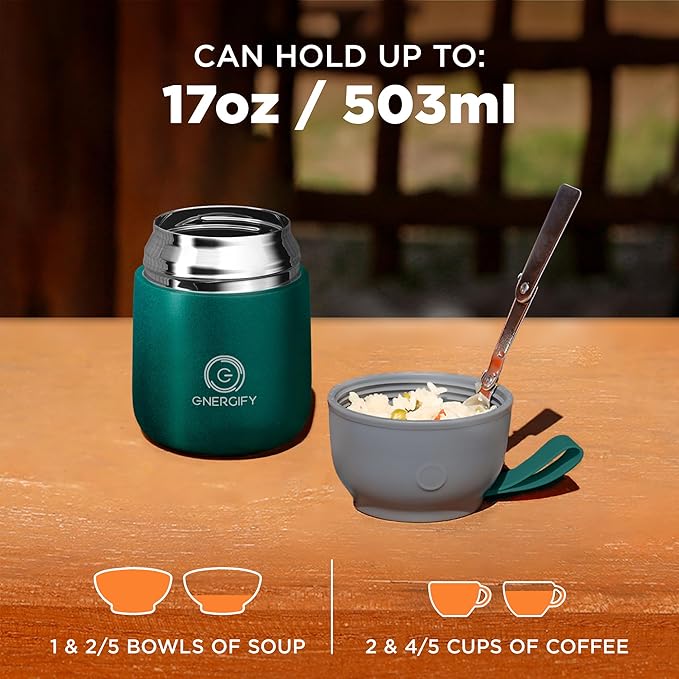 ENERGIFY Vacuum Insulated Food Jar. Large 17oz Bowl incl. Folding Spoon, Cup. Wide Mouth Keep Hot & Cold Drinks Soup Lunch Container for Adults. BPA-Free Stainless Steel, Proof Brilliant Green