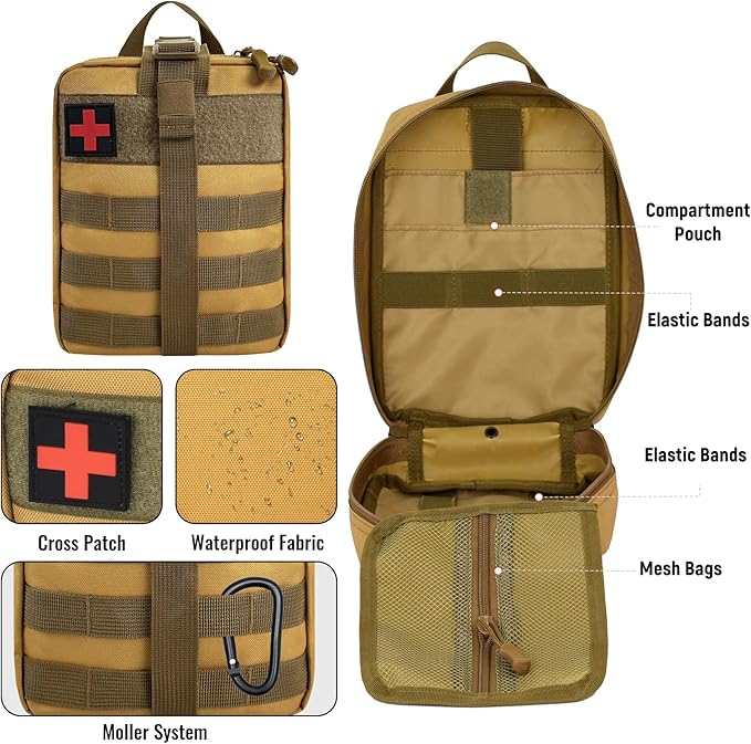 Survival First Aid Kit, MOLLE Medical Pouch Tactical First Aid Kit for Home, Car, Hiking, Travel, Camping, Khaki