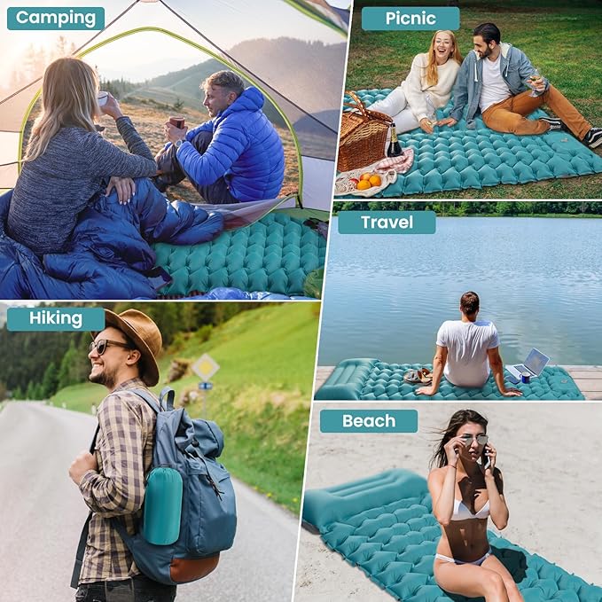 Inflating Sleeping Pad Mattress for Camping: Inflatable Camping Bed with Built-in Foot Pump for Tent - 4" Extra Thick Mat Air Cot for Floor - Blue