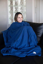 BlueHills Lightweight Travel Blanket Pillows Compact for Two Airplane Traveling Essentials Flight Throws in Bag case with Backpack Clip Compact Large Plane Accessories – Gray and Navy Blue