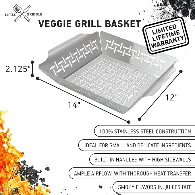 LITTLE GRIDDLE GT-525 Grill Pan and Grill Basket Set, High Sidewalls with Built-in Handles, Stainless Steel & Vented Design - Silver