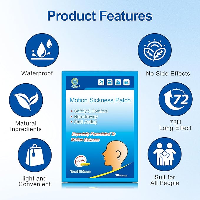 KONGDY 10 Counts Motion Sickness Patches for Kids Adults, Seasick Patch for Cruise from Travel with Waterproof and Non Drowsy, Sea Sickness Patches Behind Ear