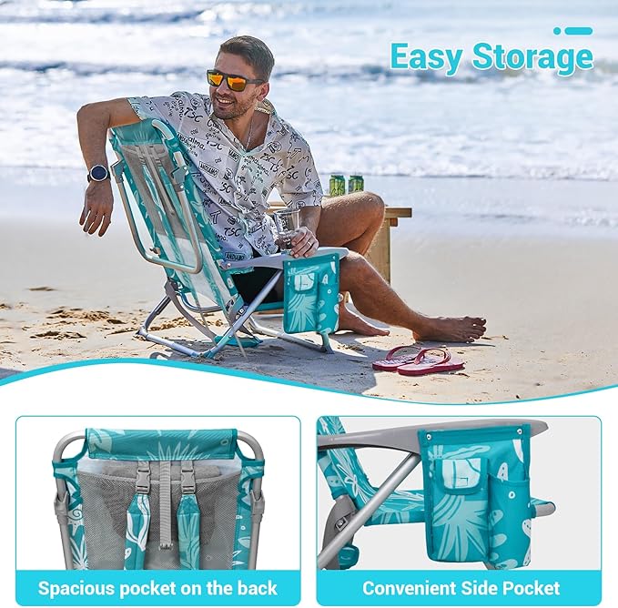 #WEJOY Folding Beach Chair for Adults, 4-Position Aluminum Lightweight Beach Chair, Low Sands Chairs with Shoulder Strap, Cup Holder and Padded Headrest, Supports 265lbs for Lawn