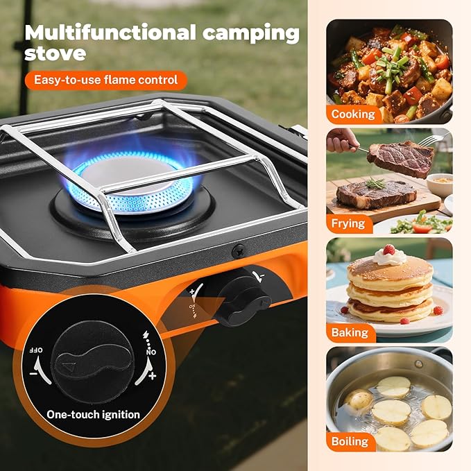 Adjustable 2-Burner Portable Stove with 16000 BTU, with Camping Grill and Carrying Bag, Portable Propane Camp Stove with 2 Burners & Piezo Ignition for Camping, Backyard BBQ,Tailgating (Orange)