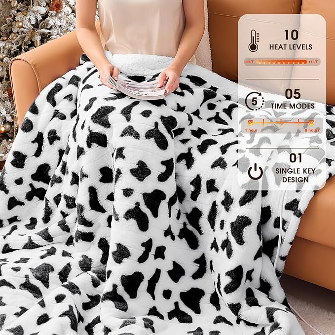 Cow Print Heated Electric Blanket Twin,62X84 Black Heating Blanket with 10 Heats Levels & 8 Hours Auto Off,Cute Cow Decor Fleece Sherpa Blankets Warmer Gifts for Women Couch Office,Washable,ETL
