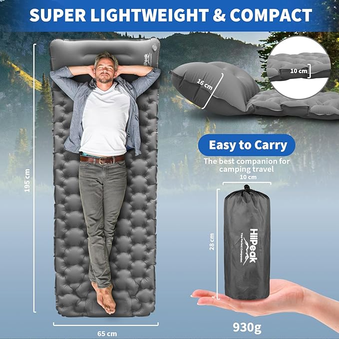HiiPeak Sleeping Pad for Camping- Ultralight Inflatable Sleeping Mat with Built-in Foot Pump & Pillow, Upgraded Compact Camping Air Mattress for Camping, Backpacking, Hiking