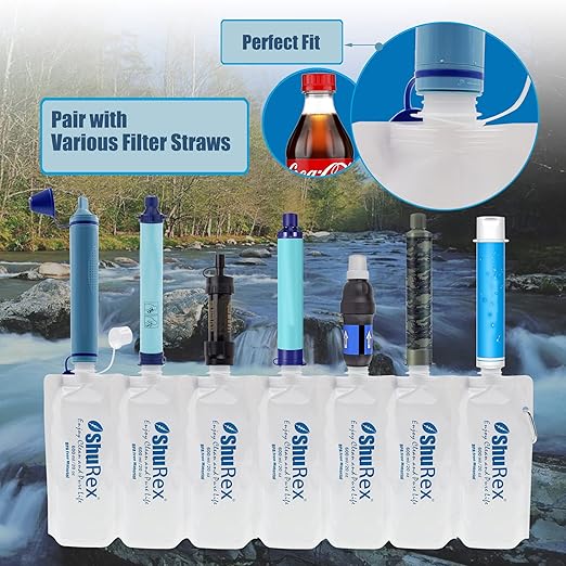 4 Pack 20oz/ 600ml Collapsible Water Pouch for Sawyer Squeeze Mini Water Filtration System, Compatible with Membrane Solutions and Other Water Filter Straw; Foldable Water Bottle, Reusable, BPA-Free