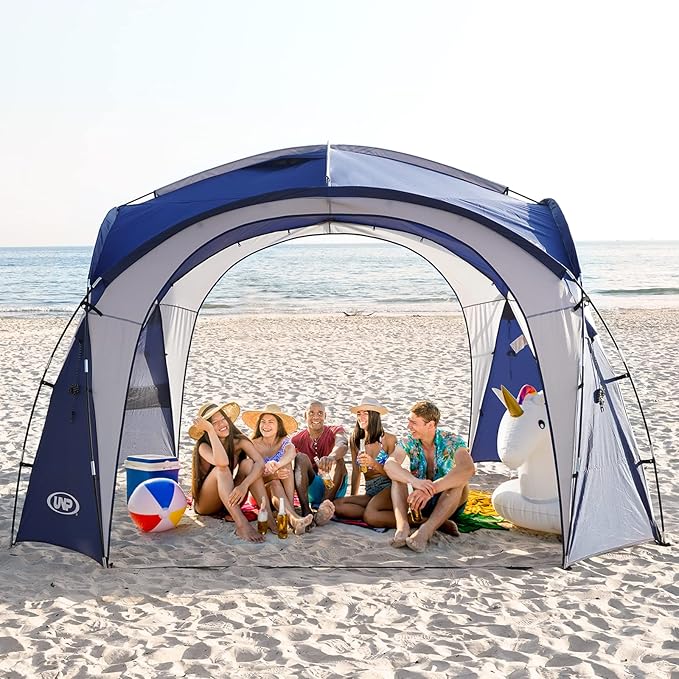 UNP Easy Beach Tent Pop Up Canopy UPF50+ Tent with Side Wall, Ground Pegs, and Stability Poles, Sun Shelter Rainproof, Waterproof for Camping Trips, Backyard Fun, Party Or Picnics