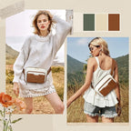 RAINSMORE Fanny Packs for Women, Leather Belt Bag Waterproof Everywhere Crossbody Waist Pack with Adjustable Strap Retro Sling Chest Bag for Work Running Travel Party, Brown with White