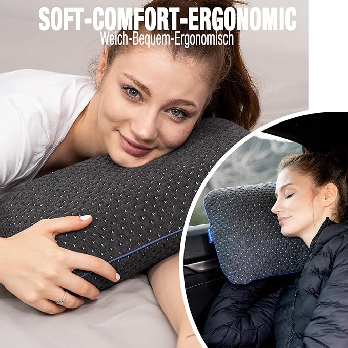 Travel & Camping Comfortable Memory Foam Pillow – Easy to Carry Portable Bag – Temperature Regulating Pillow Case - Perfect for Travelling (Grey)