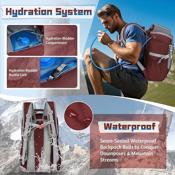 RAINSMORE Foldable Hiking Backpack for Women Men Packable Camping Backpack 40L Waterproof Hiking Daypack Bag Lightweight Collapsible Daypack for Travel Trekking Mountaineering Large Capacity Red