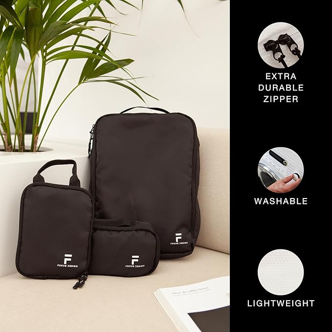 8 Piece Compression Packing Cubes Set - Double Capacity Design for Travel - Small, Medium & Large Sizes - Carry-On Suitcase Organizer Bags (Black)